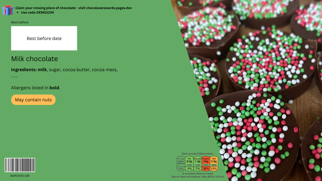 Image showing the 8-12 character code printed inside the wrapper of the chocolate bar.